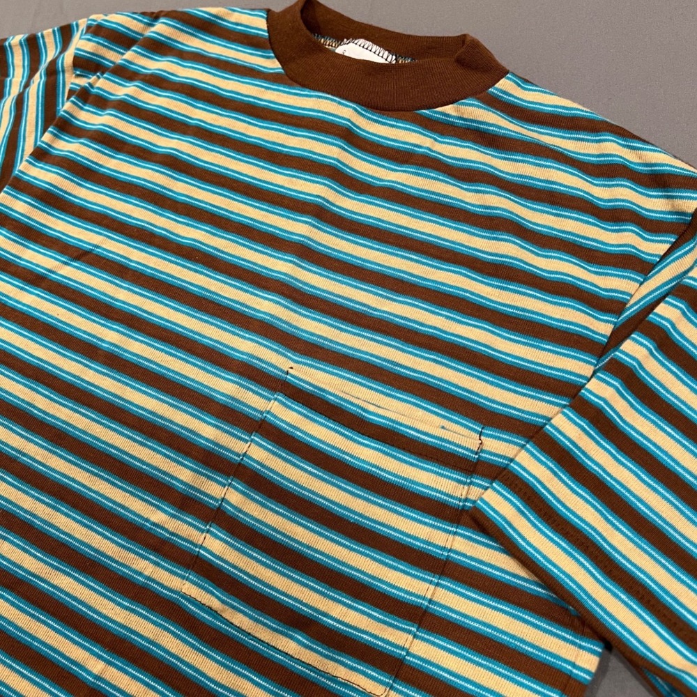Vintage 70s Kmart Striped Pocket Tee Shirt Brown Blue Yellow California Size 14
